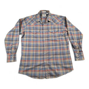 Vintage Ely Cattleman Western Shirt Adult LARGE Blue Plaid Pearl Snap Cowboy 90s